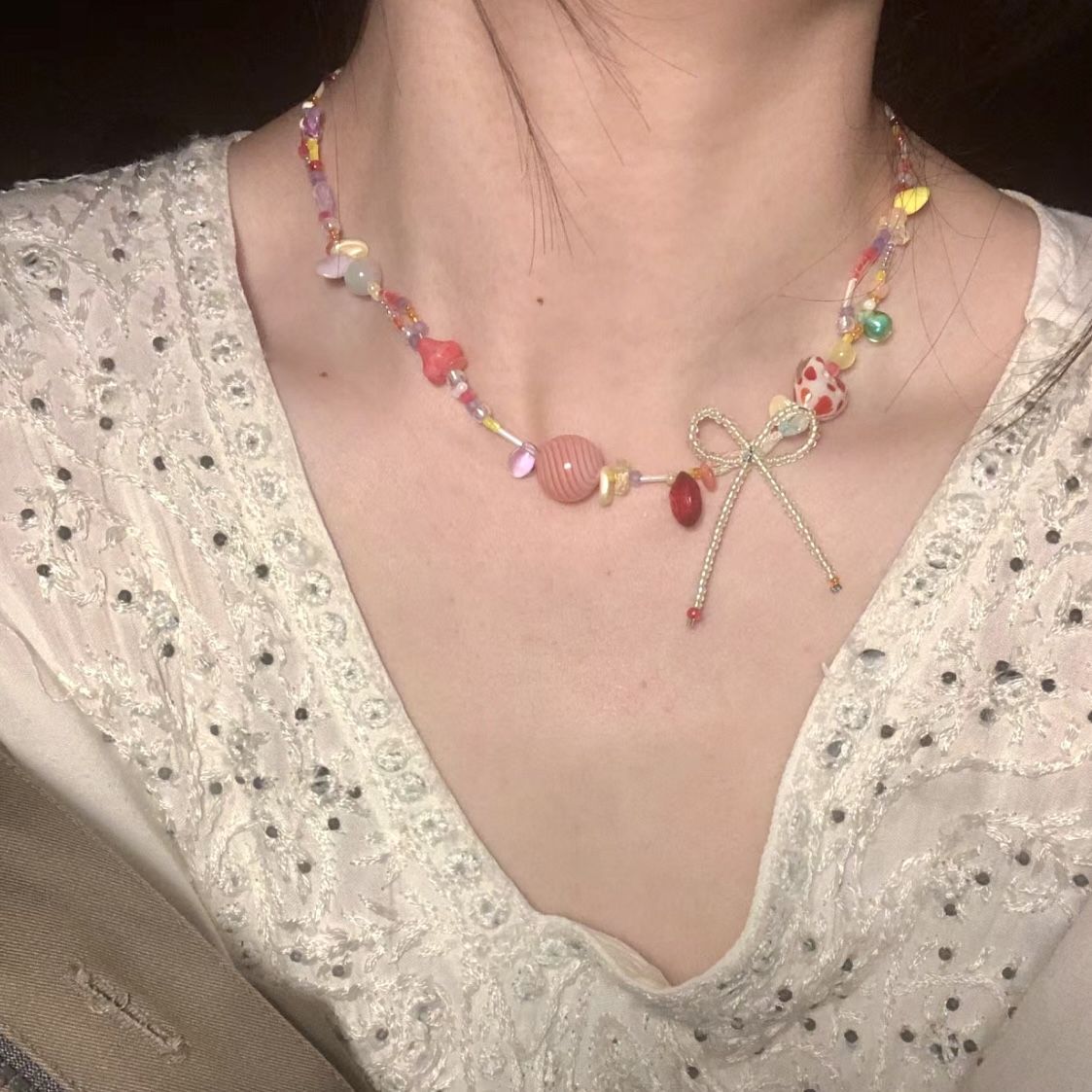 Wholesale Sweet Summer Colorful Beaded Bow Necklace
