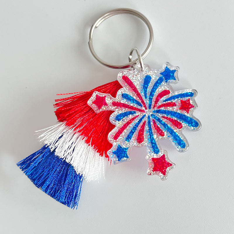 Wholesale 2pcs American Independence Day Pentagram Heart Shape Multi-Layered Tassel Keychain ACC-KC-HY024