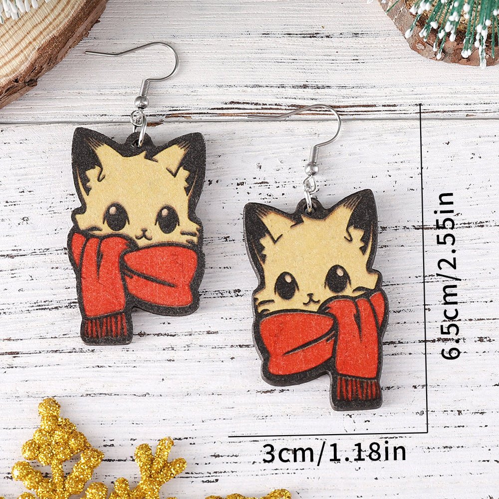 Wholesale Christmas cute red f cat pendant earrings wooden double-sided