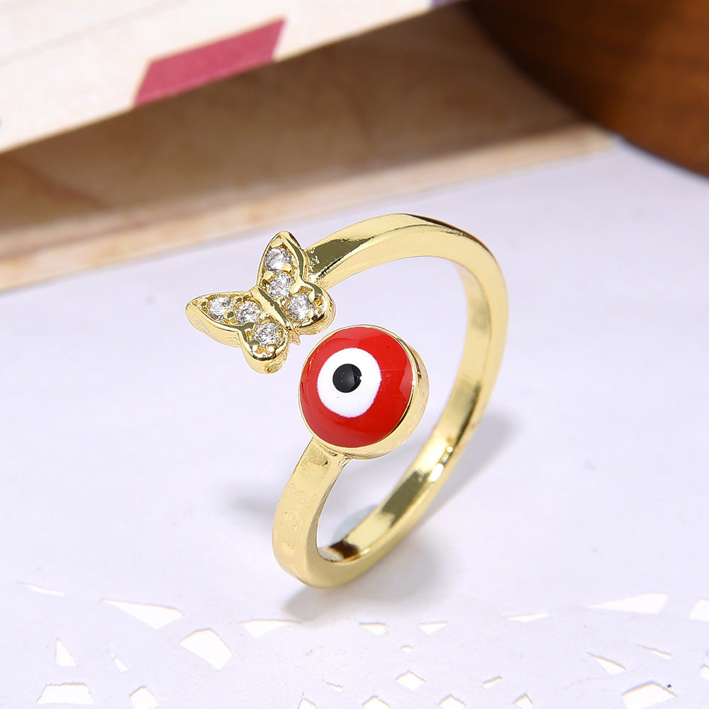 Wholesale Copper plated 18k color-preserving zircon butterfly oil-drop evil eye ring