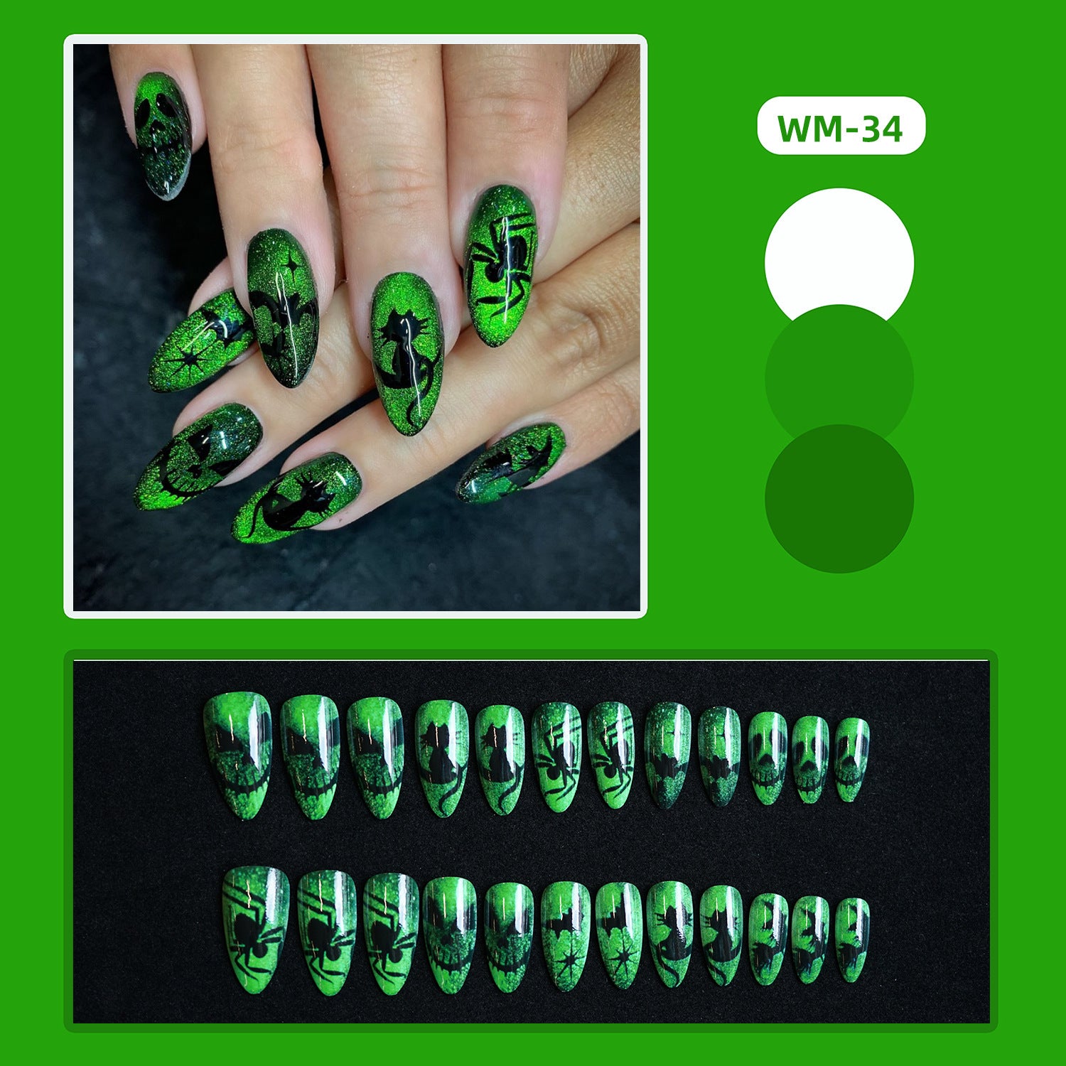 Wholesale 24 Pieces/ box  Fluorescent Green Devil Nails Kits Nail Stickers