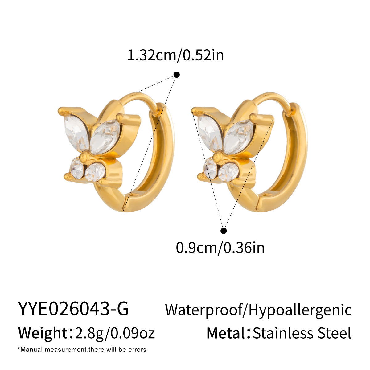 Wholesale Chic Butterfly Stud Earrings for Women Stainless Steel Zircon PVD Gold Plated Jewelry Accessory