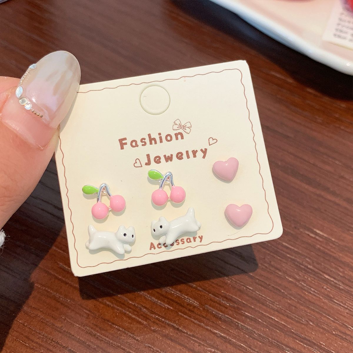 Wholesale Love Cherry Cat Earrings Three-Piece Set Silver Needle Cute Versatile Earrings