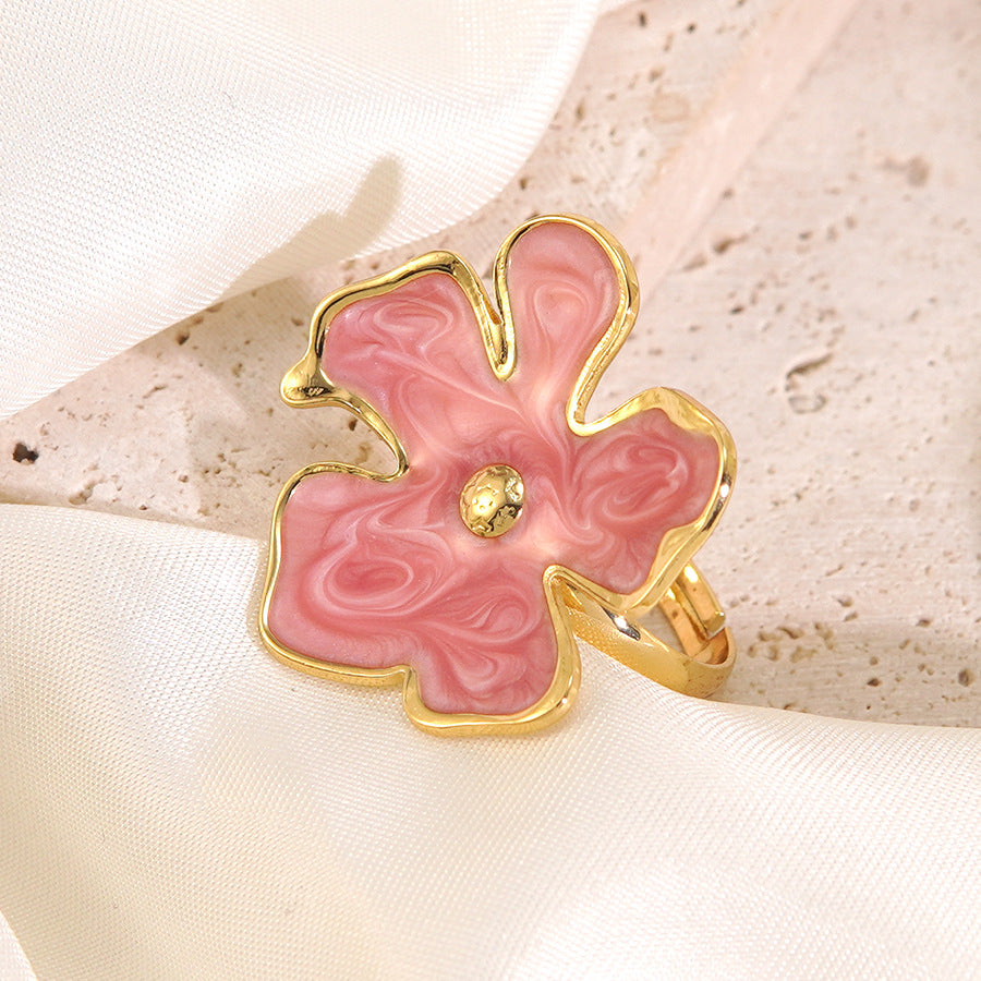 Wholesale oil drop flower ring holiday style stainless steel flower ring