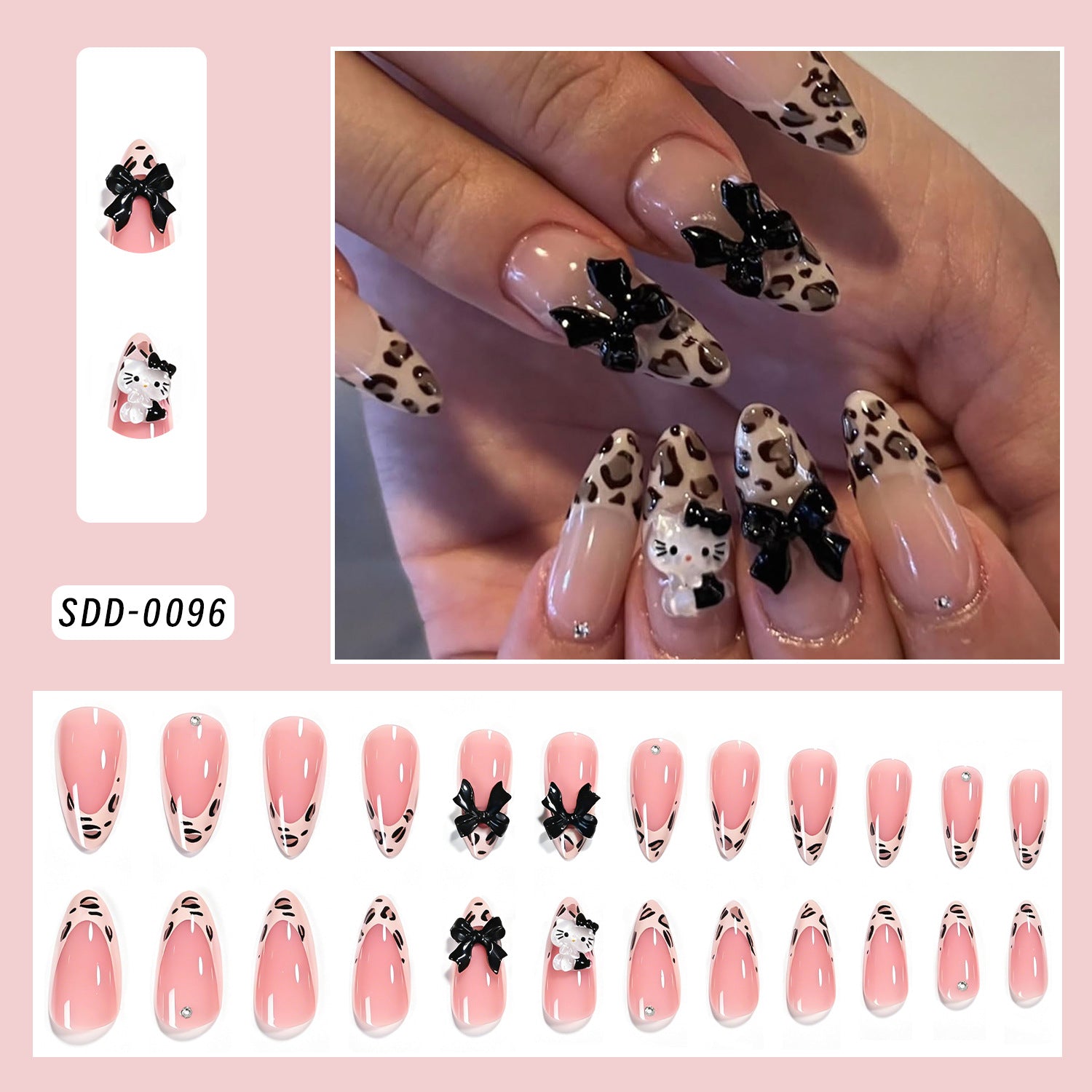 Wholesale Trendy Leopard Print Bow Almond Press On Nails 24Pcs Removable Nails For Everyday Wear Boutique Resale