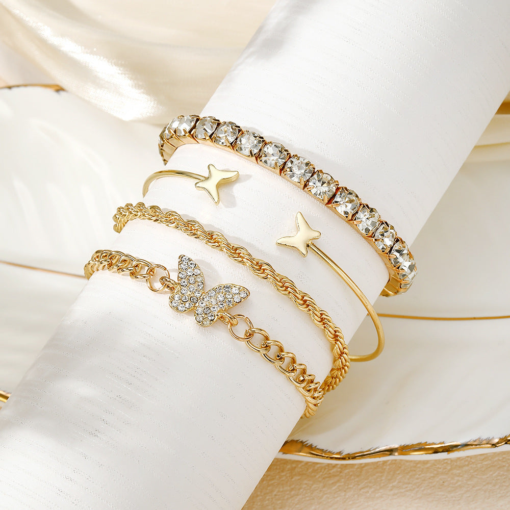 Wholesale Butterfly Rhinestone Alloy Stackable Bracelet Set 4 Pcs Adjustable Bangle Stretch Cord Women Fashion Jewelry Gift
