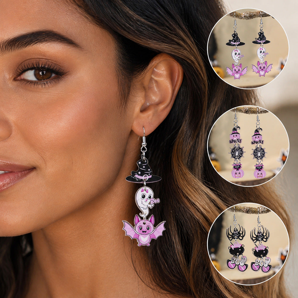 Wholesale  Pumpkin Bat  Web Acrylic Earrings Funny Quirky Design Jewelry Accessory for Party Gift Boutique Resale