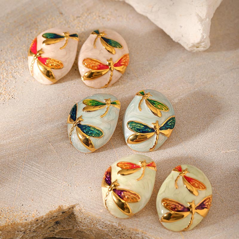 Wholesale Stainless Steel Oval Asymmetrical Oil-Drip Dragonfly Pattern Earrings