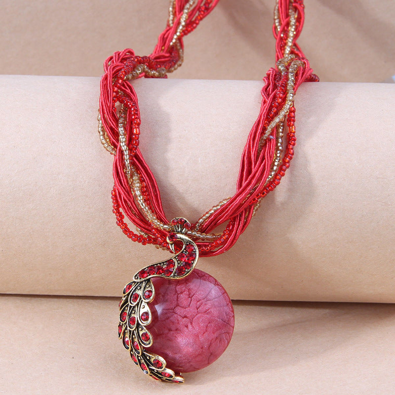 Wholesale Bohemian Tassel Vintage Peacock Gemstone Rice Bead Necklace Sweater Chain Long Necklace ACC-NE-Weiy001
