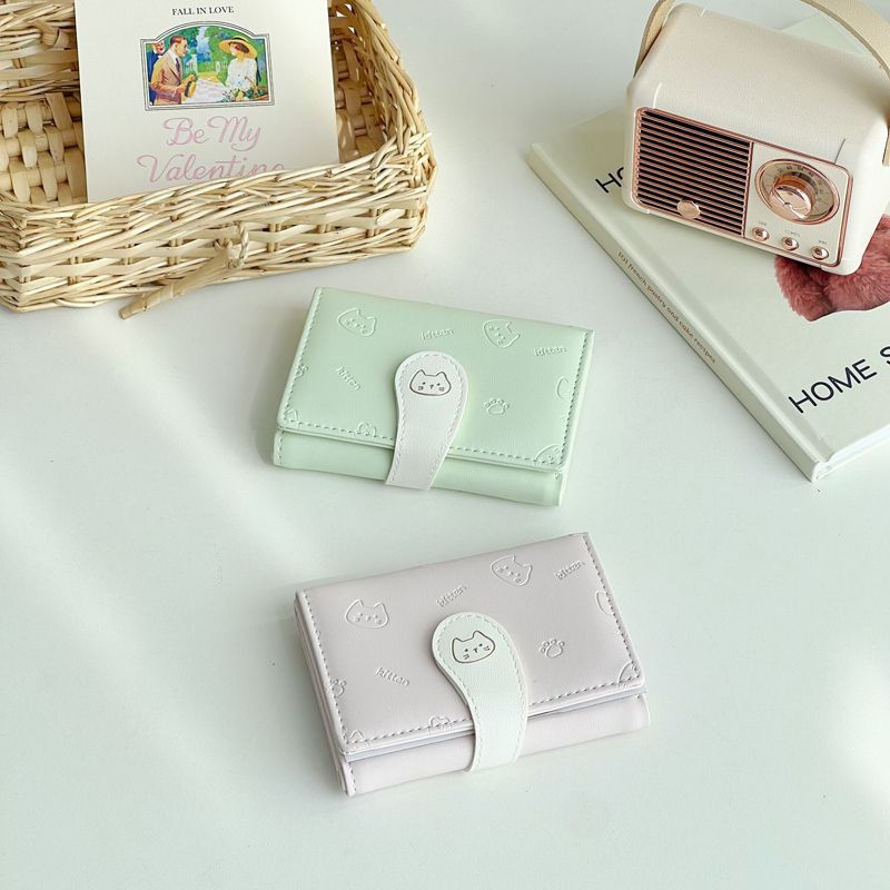 Wholesale Trendy PU Women' s Short Wallet with Pink Cat Pattern,  Fresh Sweet Folding Purse,  Boutique Resale Accessory