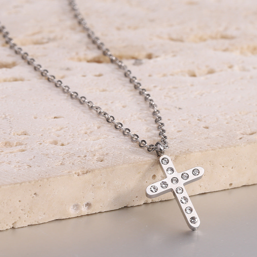 Wholesale 304L Stainless Steel Diamond Cross Clavicle Necklace