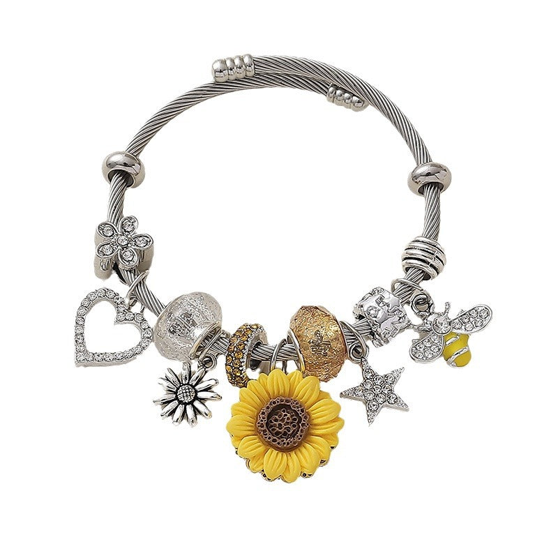 Wholesale  resin sunflower full diamond hollow love DIY beaded  opening bracelet
