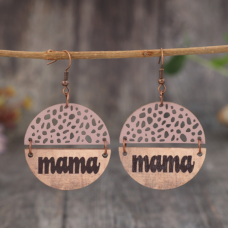 Wholesale Mother's Day retro style wood piece leather combination letter mom round earrings