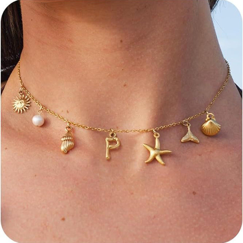 Wholesale Marine Starfish Shell Conch Letter Pendant Necklace - Summer Beach Jewelry Accessory for Boutique Resale