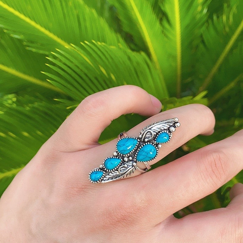 Wholesale Bohemian Feather Drop Turquoise Ring Jewelry Accessory Boutique
