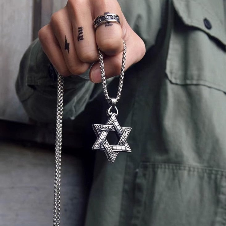 Wholesale Stylish Six Pointed Star Pendant Long Chain Necklace For Men Hip Hop Party Jewelry Accessory