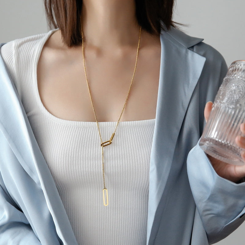 Wholesale titanium steel light luxury hollow rectangular long necklace