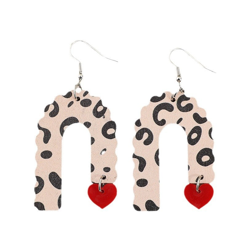 Wholesale Valentine's Day red heart stitching leopard print U-shaped earrings