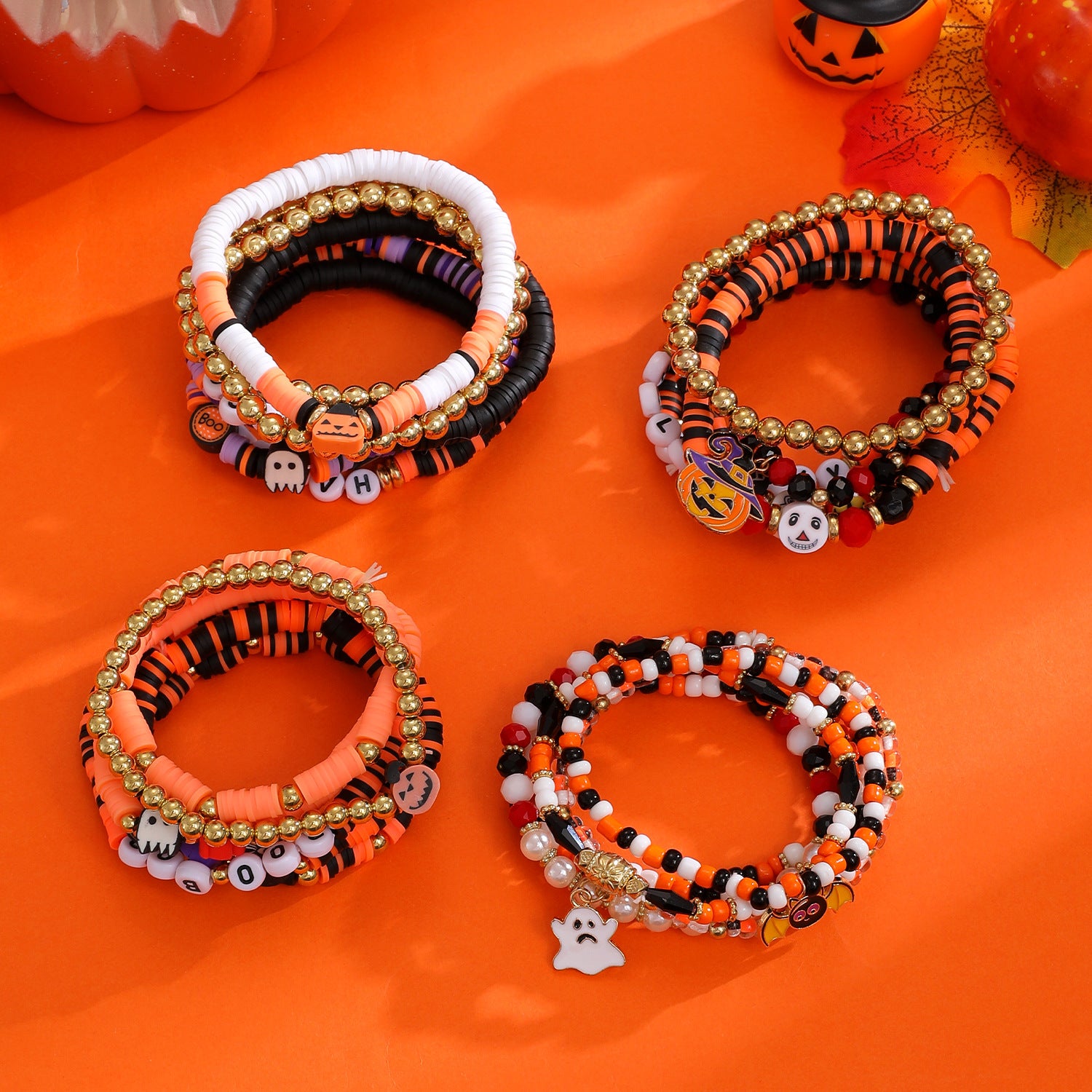 Wholesale  Skull Pumpkin Bracelet Set Soft Clay Gold Tone Handmade Fashion Accessory