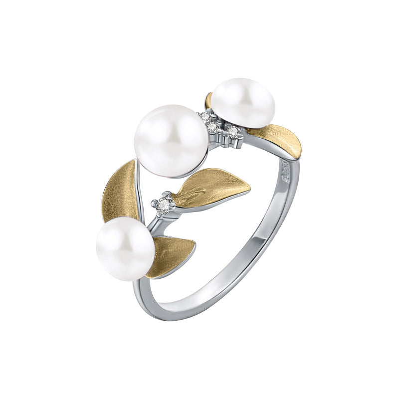 Wholesale 925 Sterling Silver Pearl Leaf Adjustable  Ring