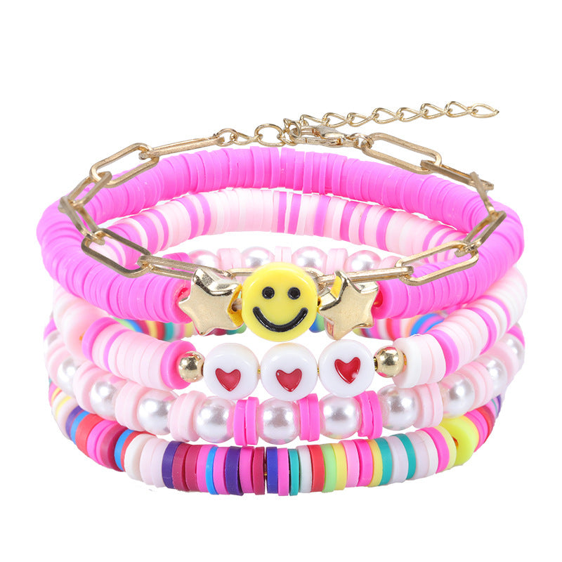 Wholesale Bohemian Style Colorful Polymer Clay Smiling Heart Shaped Pearl Bracelet Jewelry ACC-BT-YiYe005