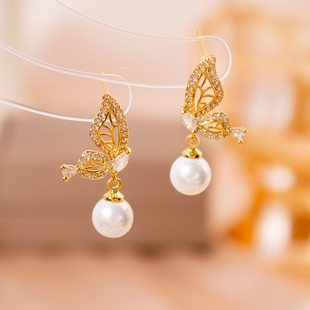 Wholesale Silver Needle High-grade Zircon Butterfly Pearl Earrings