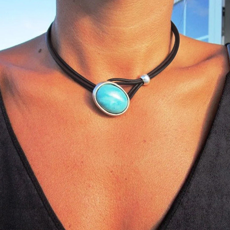 Wholesale Vintage Turquoise Leather Rope Necklace,  Geometric Pendant,  Trendy Fashion Accessory for Boutique Resale