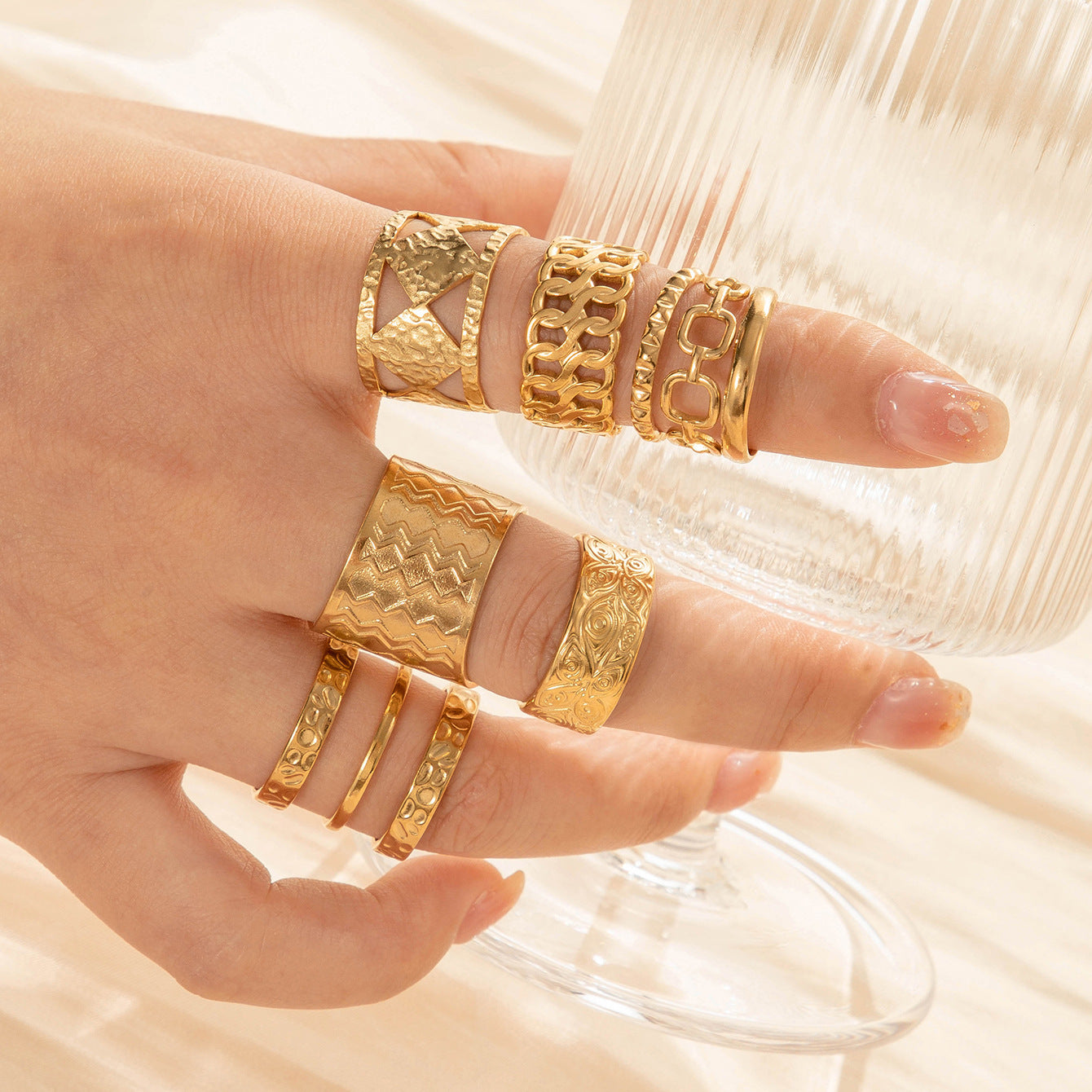 Wholesale Titanium steel exaggerated wide version fashion  light luxury smooth metal line opening adjustable ring