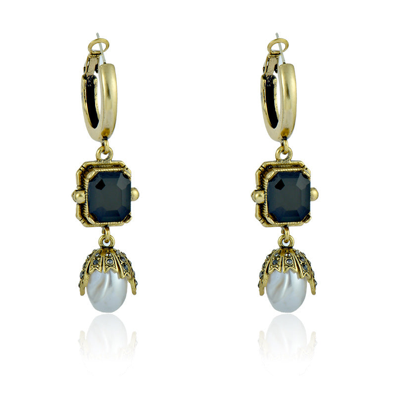 Wholesale Light Luxury Retro Old Antique Gold Crystal Pearl 925 Silver Needle Earrings ACC-ES-JiuJia007