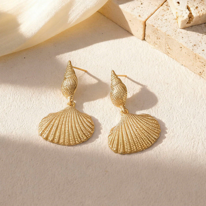 Wholesale Ocean-Inspired Textured Gold Conch and Starfish Stud Earrings