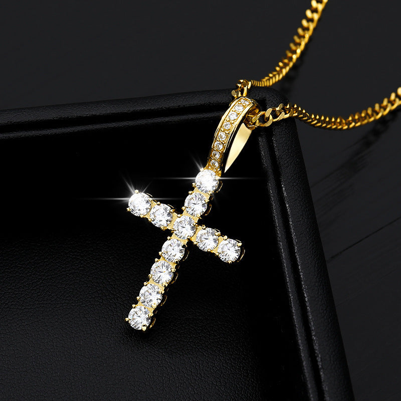 Wholesale Cross-Border European and American Amazon Hip-Hop Jewelry Copper Inlaid Zircon Cross Pendant Trendy Personalized Men' s and Women' s Necklaces