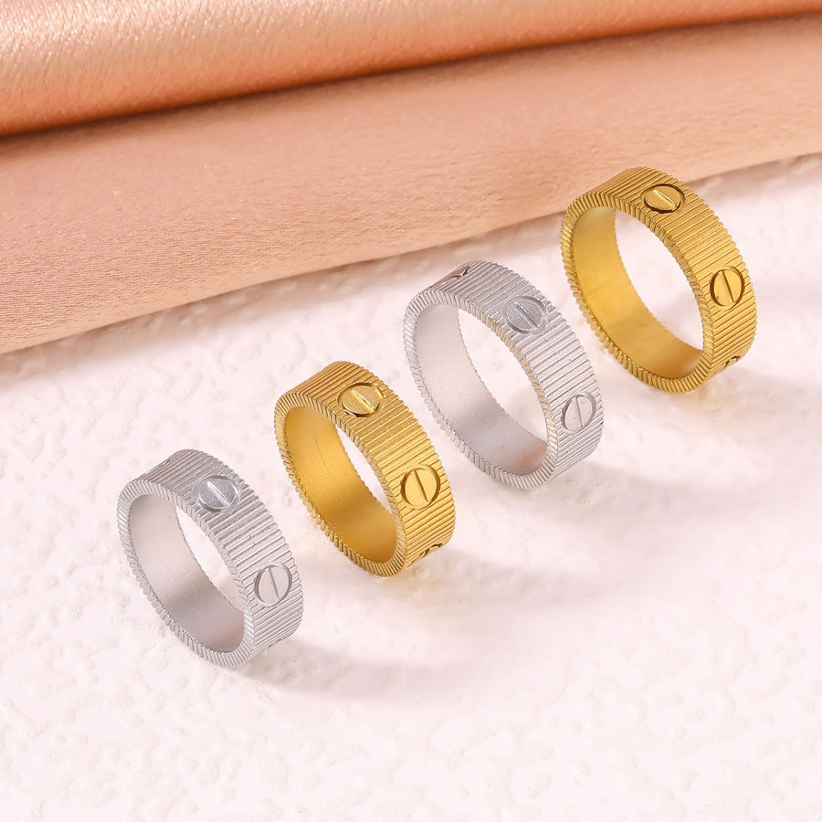 Wholesale Striped screw ring simple gear pattern single-strap stainless steel ring