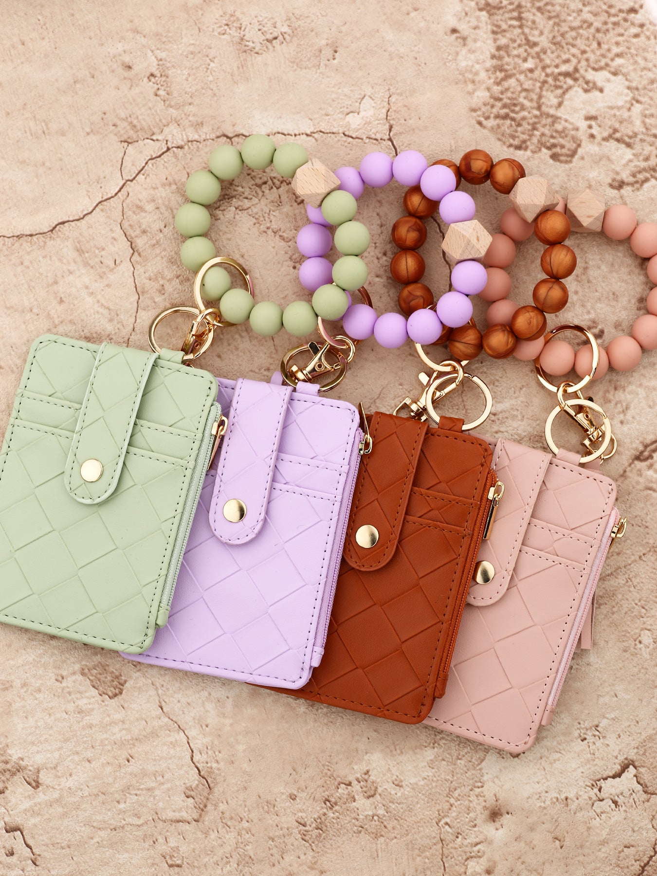 Wholesale Silicone Bead Bracelet Plaid Card Bag PU Leather Wristlet Keychain