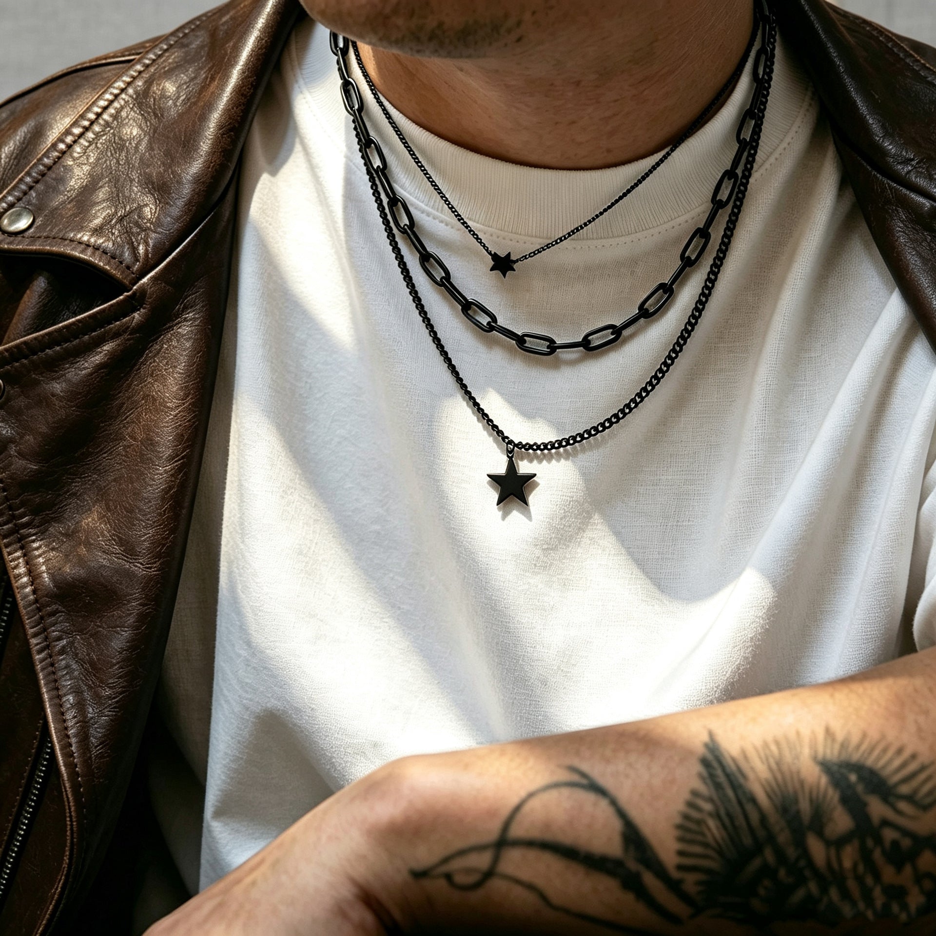 Wholesale Trendy Men S Black Layering Necklace With Star Pendant Chic Alloy Fashion Jewelry Accessory Everyday Wear And Boutique Resale Gift