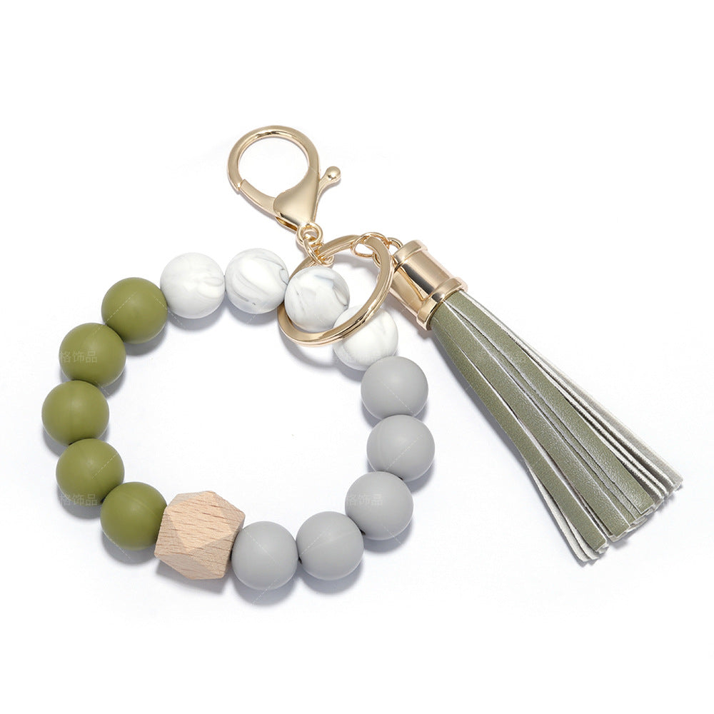 Wholesale Wristlet Keychain Silicone PU Beaded Leather Tassel
