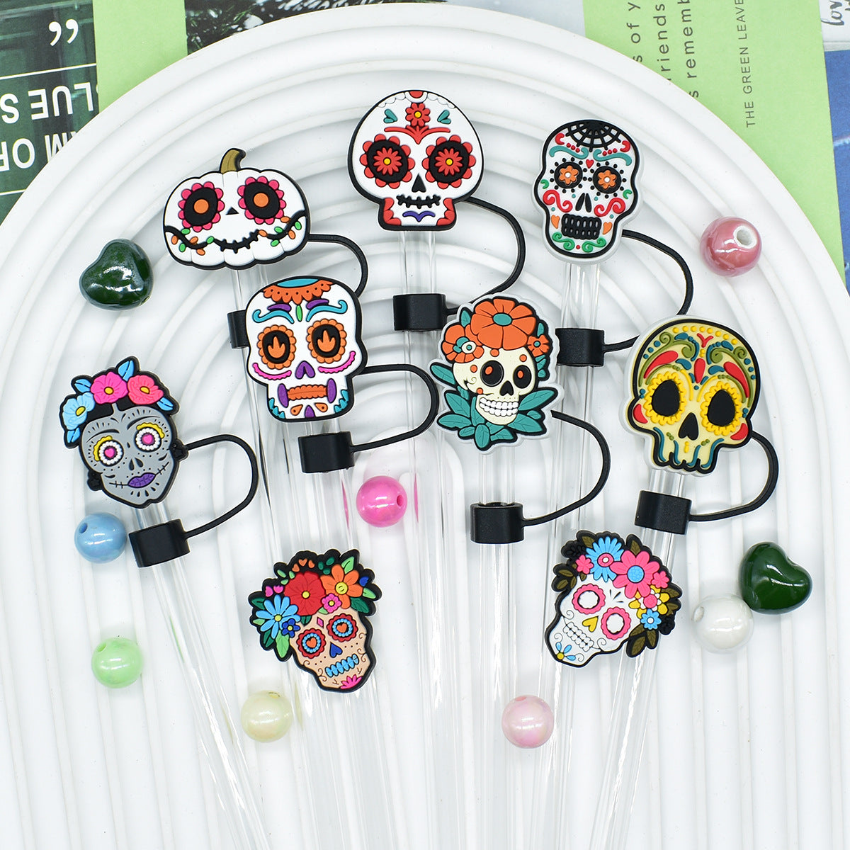 Wholesale Random 100pcs Day of the Dead Skull 10mm PVC Soft Straw Tube Cap ACC-SCR-RYY099