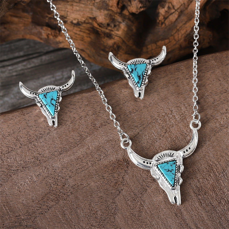 Wholesale Western Denim Style Bull Head Triangle Turquoise Earrings Earrings Necklace suit