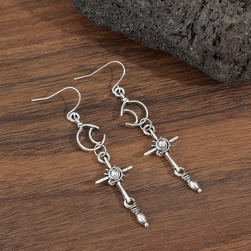 Wholesale Long Moon Sun Symmetric Alloy Earrings Ethnic Style Silver Tone Jewelry Accessory For Party And Boutique Resale