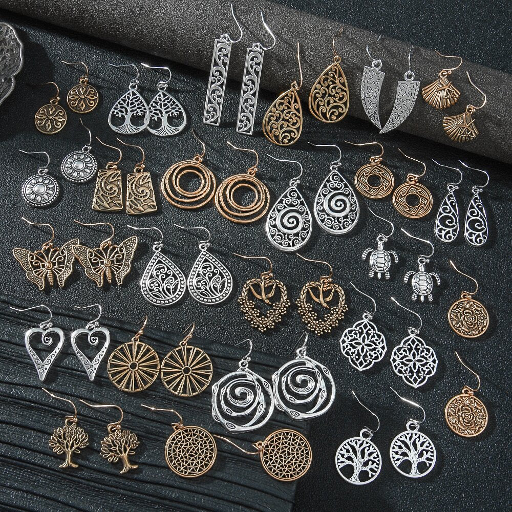 Wholesale Antique Silver Geometric Earring Set Ethnic Style Fashion Jewelry Accessory