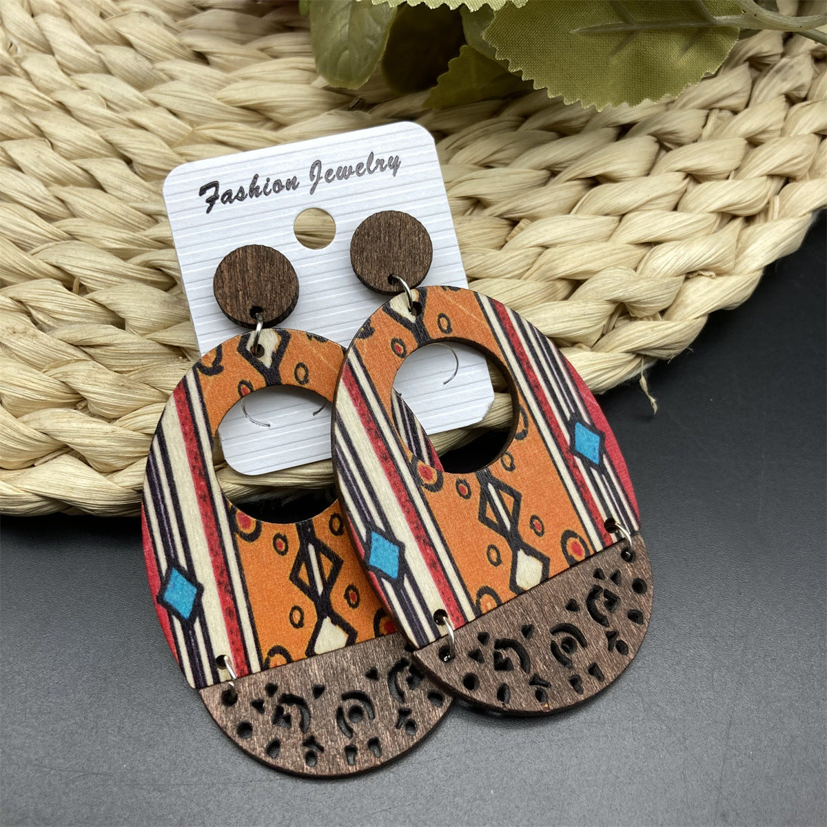 Wholesale Vintage Bohemian Oil Painting Series Wooden Hollow Long Earrings ACC-ES-FX022