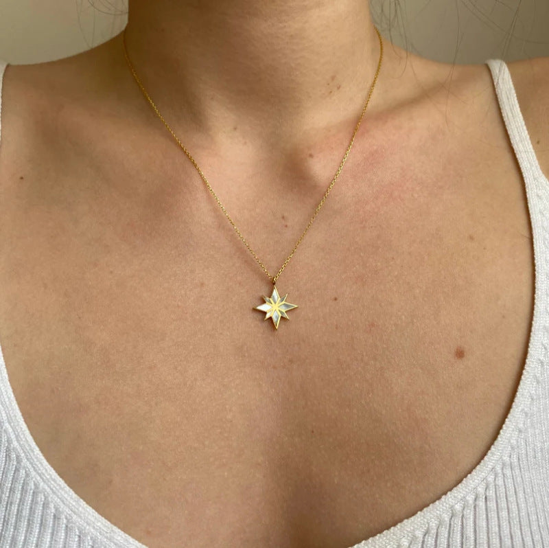 Wholesale handmade natural abalone shell patch  stainless steel vacuum  18K gold six-pointed star clavicle chain