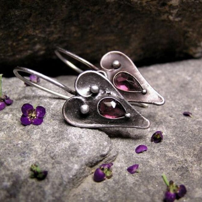 Wholesale Retro Bohemian Heart-Shaped Purple Gemstone Inlay Alloy Earrings for Everyday Wear