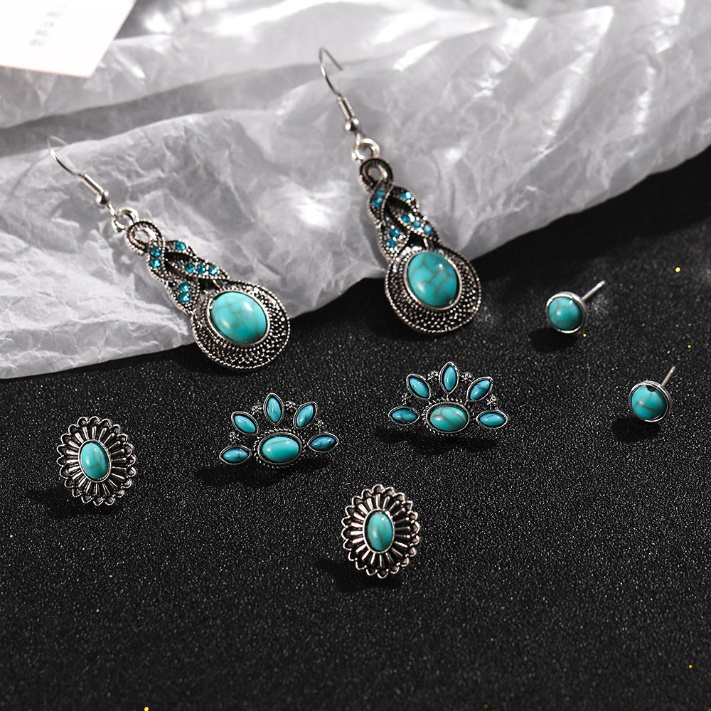 Wholesale Vintage Turquoise Earrings Set,  4 Pairs Alloy Electroplated Ear Studs &  Pendants,  Fashion Jewelry Accessory for Casual Daily Wear