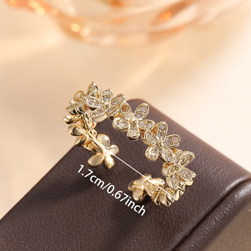 Wholesale Chic Gold Plated Flower Zircon Adjustable Ring For Women Fashion Jewelry Accessory