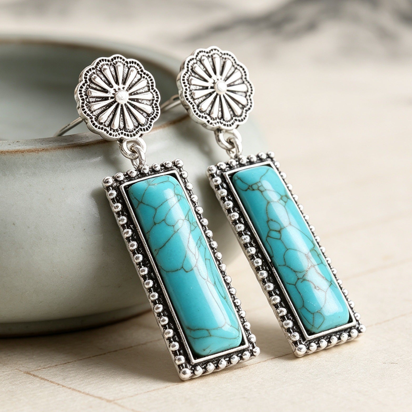 Wholesale Retro Bohemian Turquoise Carved Flower Earrings For Women Vintage Rectangle Stud Jewelry Fashion Accessory Gift