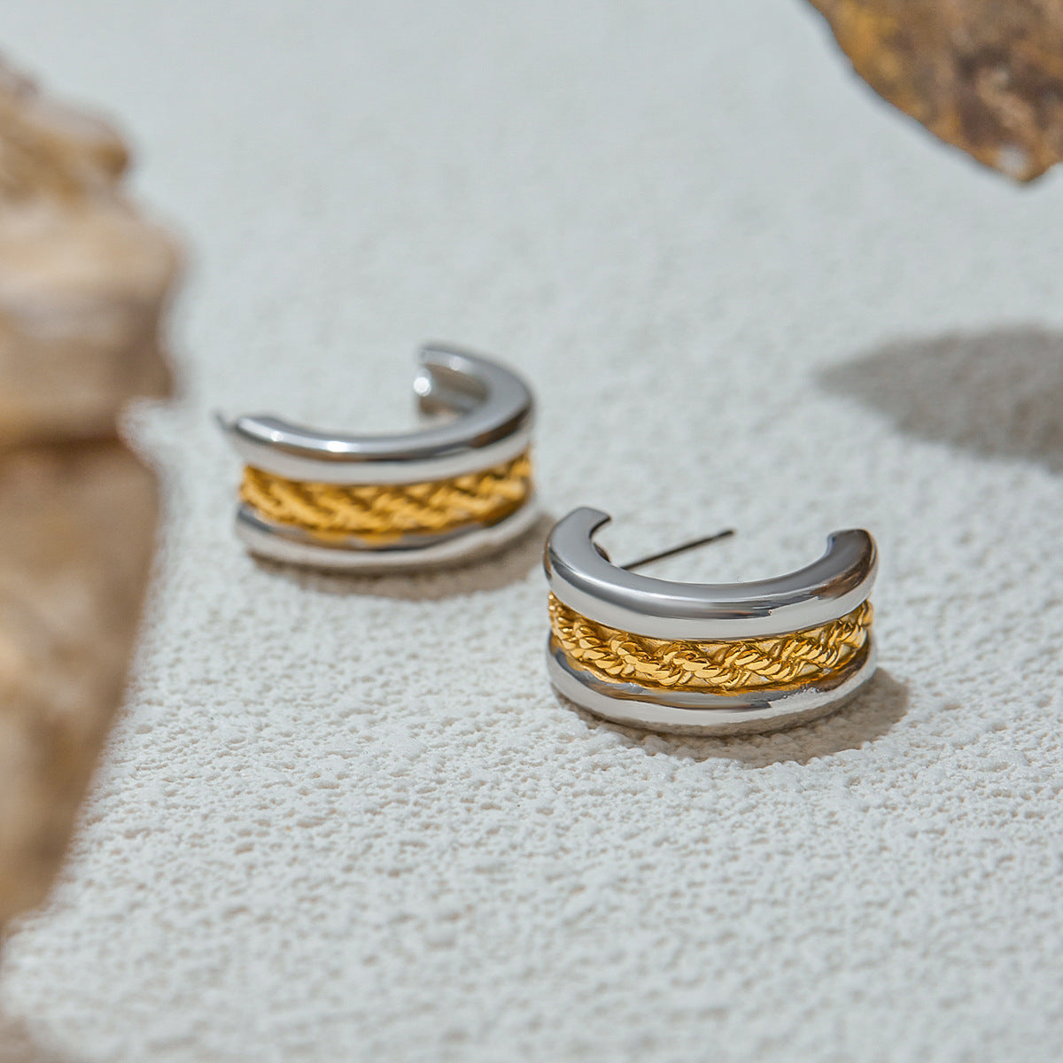 Wholesale 18K Gold Stainless Steel Gold and Silver Color Matching Threaded Double C Earrings