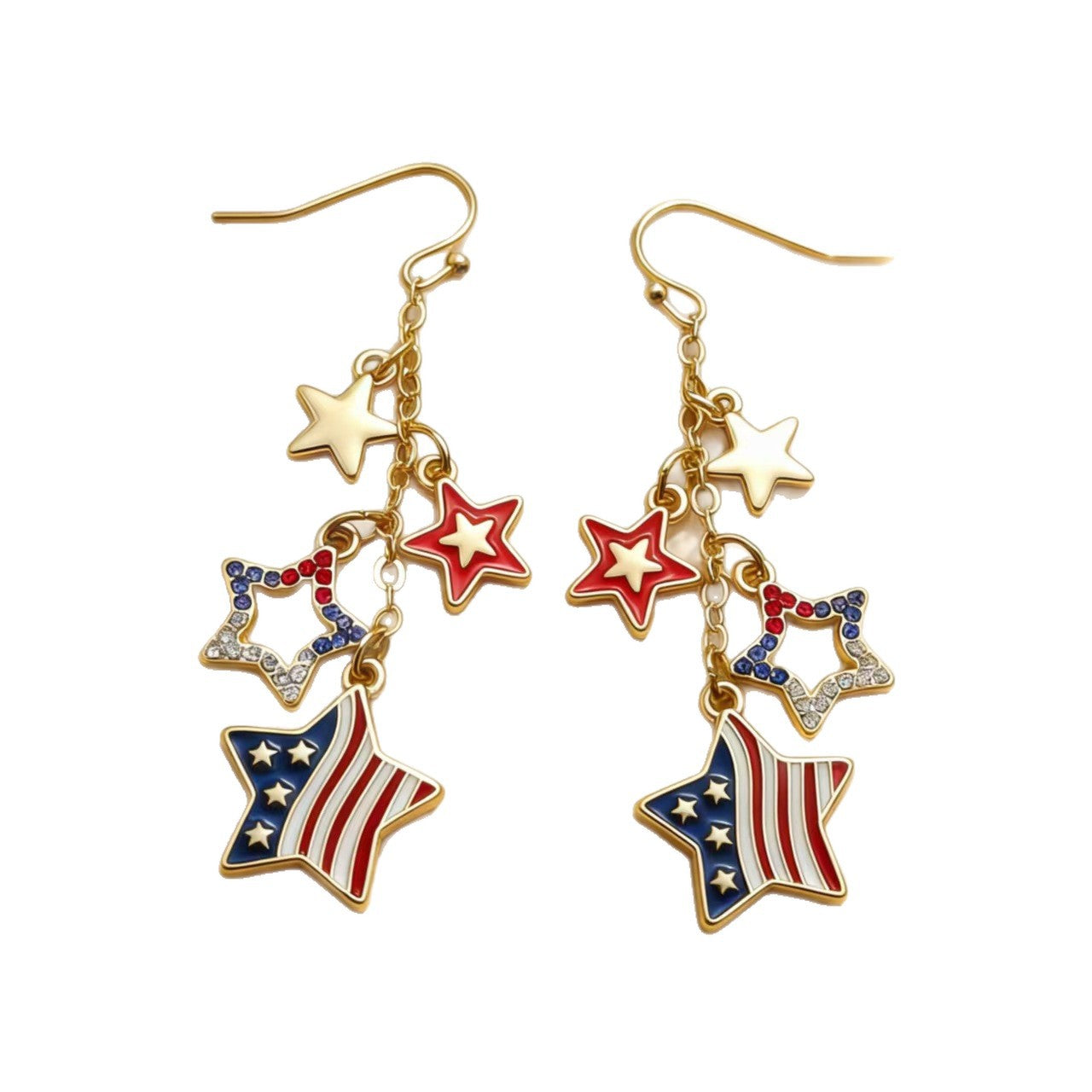 Wholesale Electroplated Alloy Five-Pointed Star Earrings,  Oil-Drip and Studded Design,  Patriotic Fashion Accessory