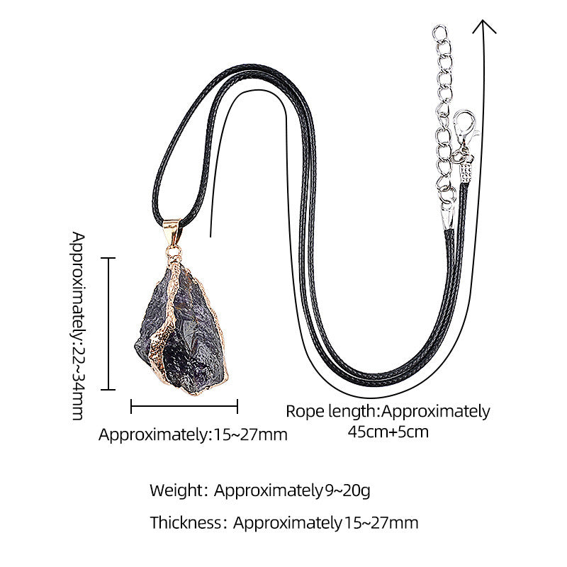 Wholesale Natural Crystal Raw Stone Pendant Necklace with Leather Rope Chain Irregular Hand-Hammered Electroplated Fashion Jewelry