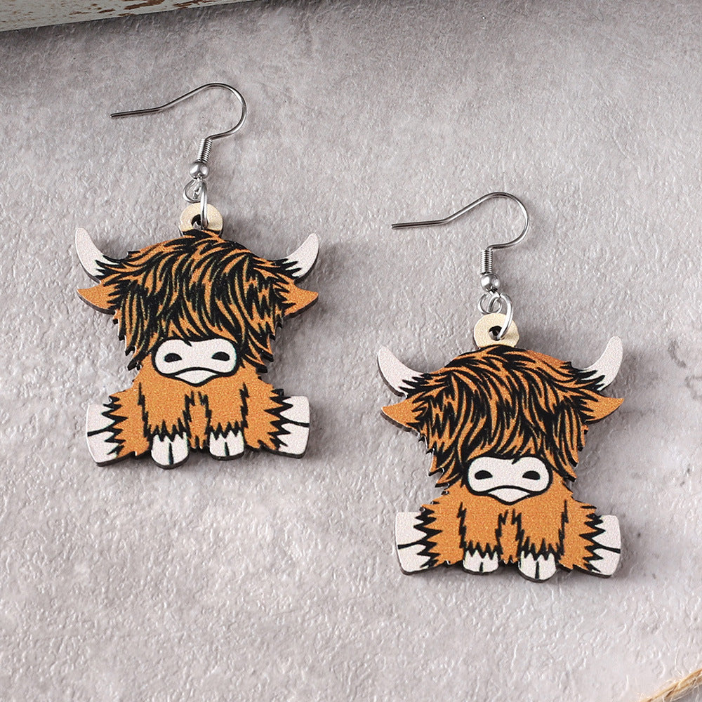 Wholesale western style retro  cow head  double-sided wooden earrings