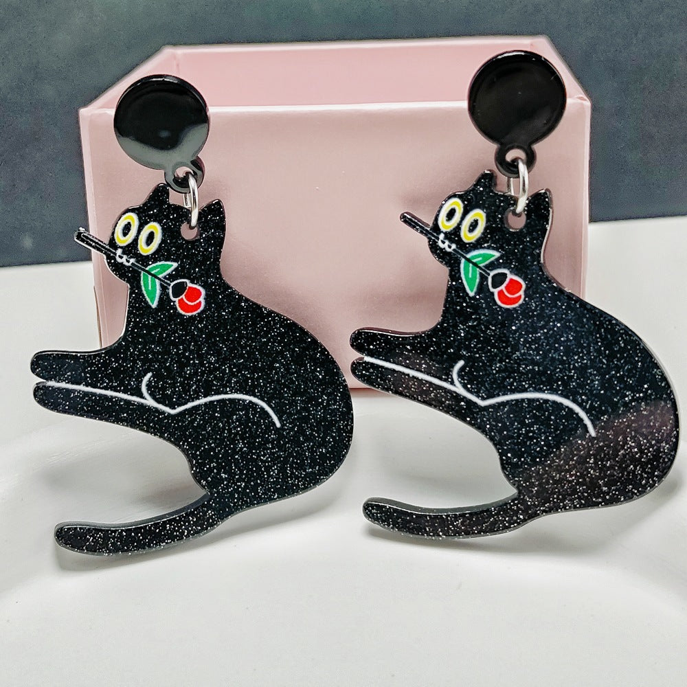 Wholesale Acrylic Sheet Cartoon Black Cat Rose Flower Earrings ACC-ES-Qiyu004